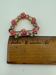 AVON JJJ Heart Shaped Floral Brooch Pink White Roses Multi Color Rhinestones