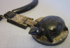 vintage Carved Horn Turtle Pendant Necklace Boho Tribal Wood Leather Brass 20″