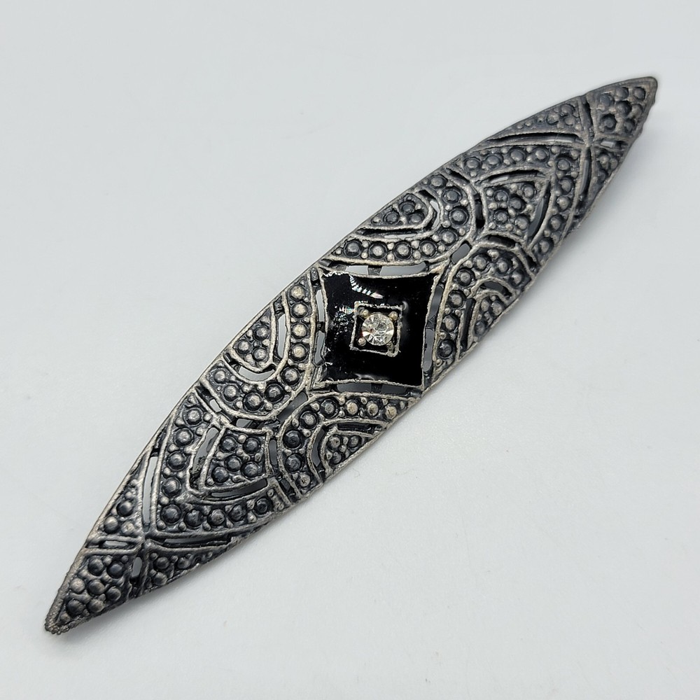 Vintage Art Deco Revival Brooch Black Enamel Gray Metal Marquise Shape