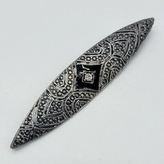 Vintage Art Deco Revival Brooch Black Enamel Gray Metal Marquise Shape