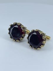 Red Glass cufflinks Faceted round prong set open gold tone 1-1/8″