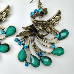 Boho Antique-Bronze Peacock Dangle Statement Earrings Turquoise Rhinestone Drops