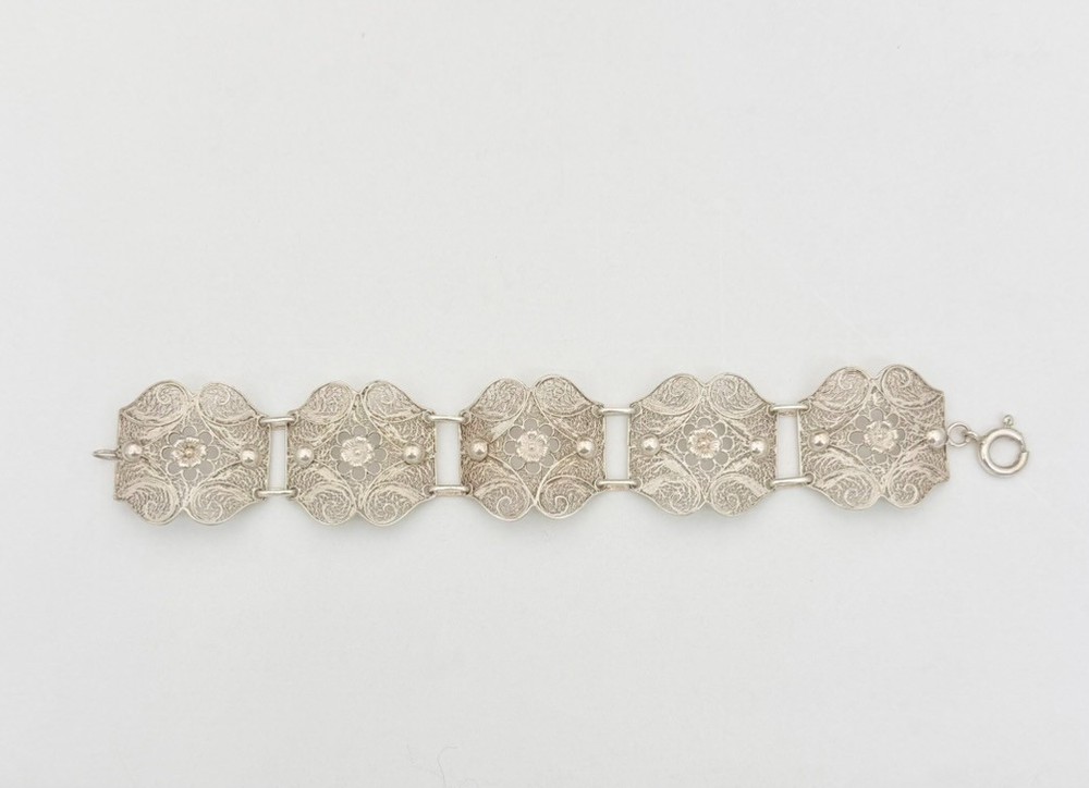 Antique 835 Silver Filigree 5 Panel Bracelet 7.25″ Wearable 21.2g