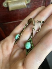 1920s Art Deco Dangle Earring Green Enamel And Stone Brass Clover Screw Back