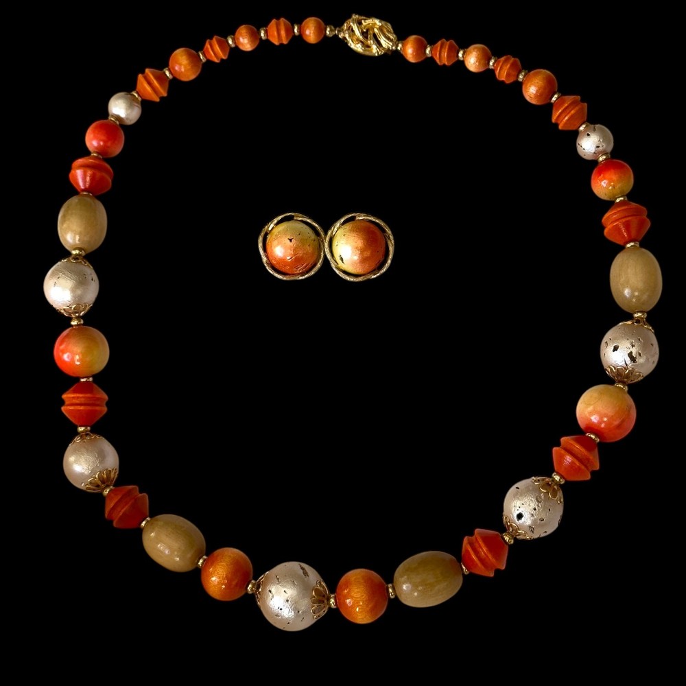Mode-Art Signed Orange Bead Costume Necklace & Earrings Arthur Pepper Vintage