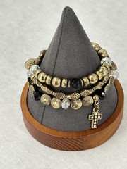 Triple Strand Stretch Bracelet Copper Color Clear & Black Crystal Beads