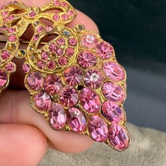 Vintage Pot Metal Rhinestone Brooch Pink Grapes Flowers Bow Gold Tone READ