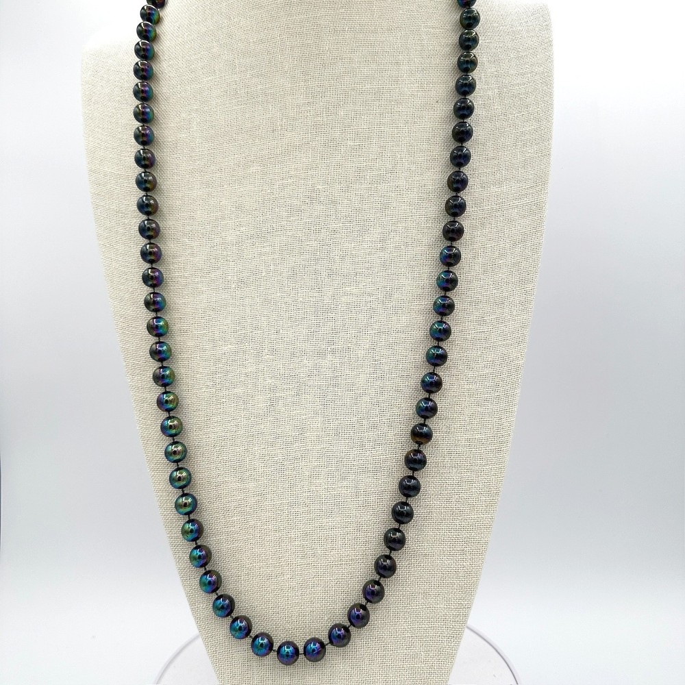 Vintage Iridescent Black Pearl Strand Necklace Long Opera Bead Peacock Blue Y2K