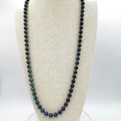 Vintage Iridescent Black Pearl Strand Necklace Long Opera Bead Peacock Blue Y2K
