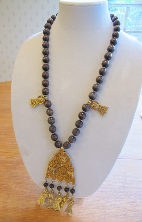 KENNETH LANE Necklace~Vintage GT BIG MAYAN pendant + Wooden Beads~Signed~FREE H