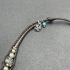 Lucky Brand Woven Brown Silver Tone Bead Necklace Rhinestones 22” Adjusts