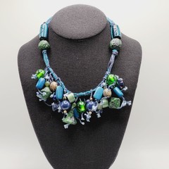 Eclectic Artsy Artisan Braided Cotton Mixed Material Beaded Vintage Necklace