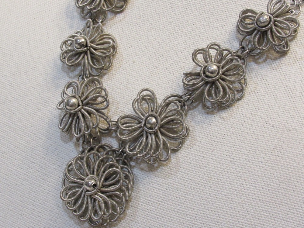 Silver Daisy Coil Wire Bib Necklace Maximalist Whimsigoth Abstract Artisan Boho