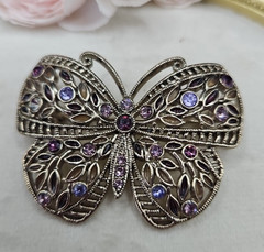 Vintage Antiqued Gold Tone Butterfly Brooch Pin Purple Lavender Lilac Rhinestone