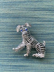 Charming Silver Tone Terrier Dog Brooch Marked GERRY’S with Blue Rhinestone Eyes