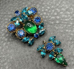 VTG Dog Tooth Prong Blue Green Rhinestone Cupcake Setting Brooch Dangle REPAIR