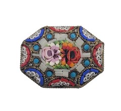 Vintage MICRO MOSIAC Glass FLORAL Octagonal Brooch Pin ITALY “C” Clasp 1 3/8″
