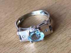 VINTAGE 14K WHITE GOLD AQUAMARINE DIAMOND RING MODERNIST DESIGNER SETTING ITALY