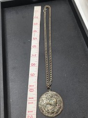 Vintage Asian Dragon Medallion Pendant Necklace | Antique Silver Tone Statement