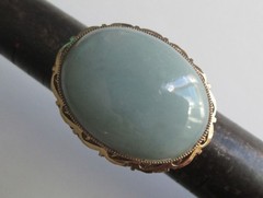 Sz 5.75 BIG BOLD VINTAGE STERLING SILVER CELEDON JADE SOLITAIRE RING TAIWAN