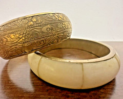 Vintage 1″ Brass Engraved Bangle & 1/2″ Bone And Brass Bangle Boho Chic Bracelet