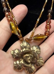 Vintage Cookie Lee Necklace Bronze Flower Double Strand Pendant signed 16” Adjus