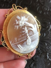 1800’s Antique Victorian Large Cameo Pin Rebecca At Well Landscape