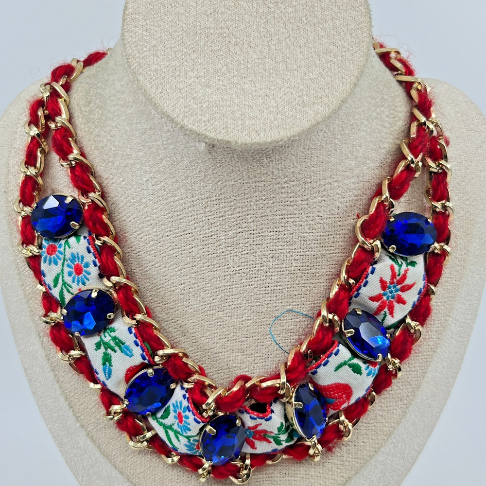 VTG Boho Red Woven Chain Collar Necklace Blue Rhinestone Floral Ribbon Statement