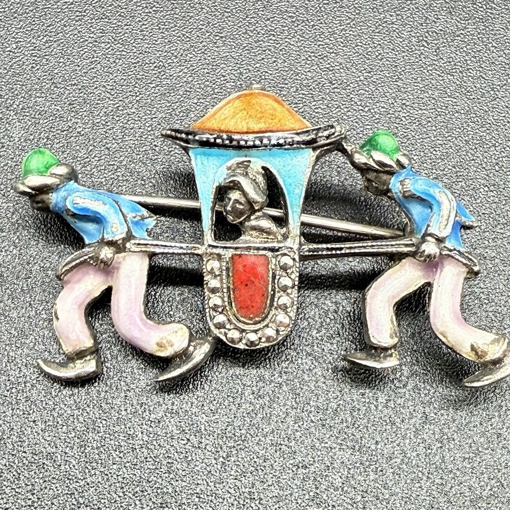 Vintage Unmarked Silver Marcasite Sedan Chair Brooch 7 Grams 935? AS IS