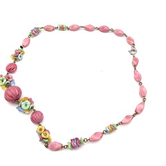 Art Deco Pink Satin Flower Melon Molded Glass Beaded 16.5″ Antique Necklace
