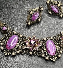 Vintage SELRO SELINI Gold Tone Purple Necklace & Earrings Book Piece Set