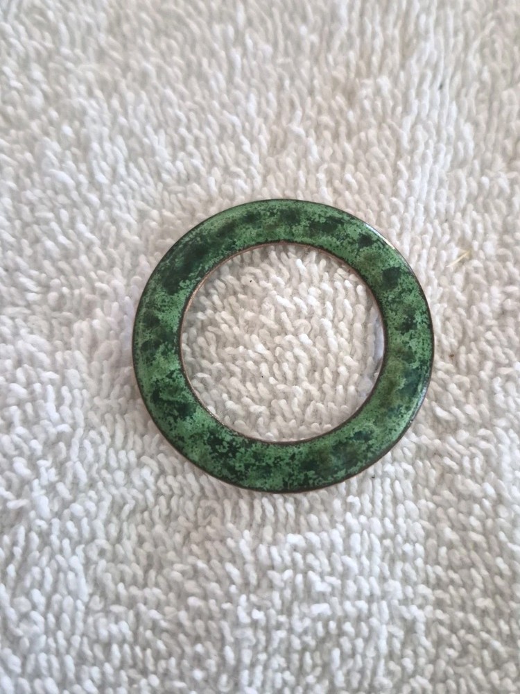 Vintage MCM Minimalist Circular Round Speckled Green Enamel on Copper Brooch