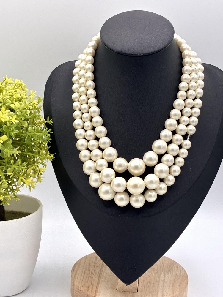 Vintage 3 Strand Graduated Faux Pearl Necklace Filigree Clasp 15 Inch As Is