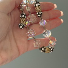 Vintage Clear AB Crystal Gold Tone Flower Openwork Beaded Tassel Bracelet 6.75″