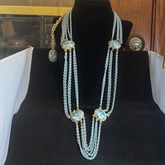 6 Strand Baby Blue Stone Necklace Faux Turquoise And Metal Chain Art Deco 28”