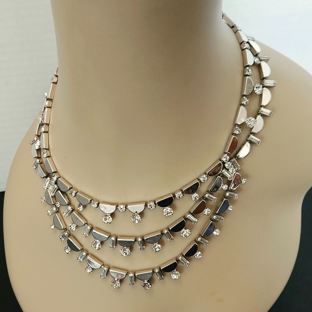 Vtg KRAMER Necklace Silver tone Discs and Crystal Rhinestone ~ Wedding Statement