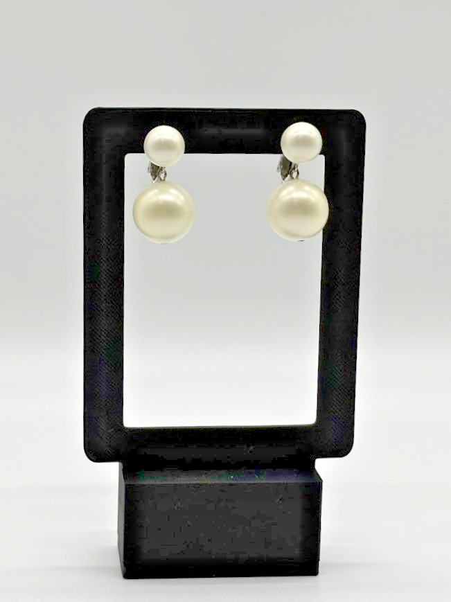 Vintage Marvella Faux Pearl Double Drop Clip On Earrings Signed Silver Tone