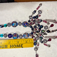 Roxsann Silver tone Blue Crystal, Enamel Bead Statement Necklace Tassel Boho 20”