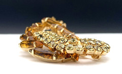 VTG 2.25” Abstract Pin / Brooch W/ Amber / Topaz Navette Stones and Rhinestones