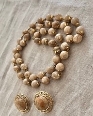 Ocean Jasper Vintage Beaded Beige Marbled Stone Necklace Pierced Earrings Set