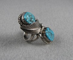 Vintage Navajo 2 stone turquoise sterling silver feather ring size 6-3/4 8.0 grm