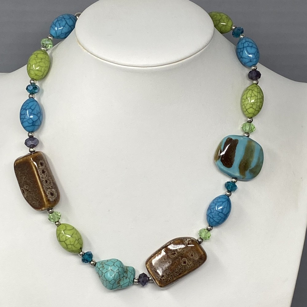Bohemian Necklace Chunky Multi Color Acrylic Glass Beads Station Designer 19″
