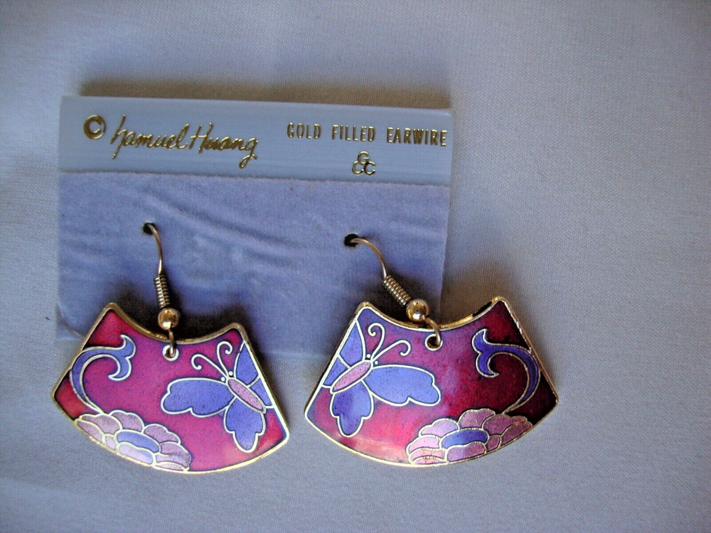 VINTAGE SAMUEL HUANG CLOISONNE BUTTERFLY FLORAL FAN PINK PURPLE & RED EARRINGS