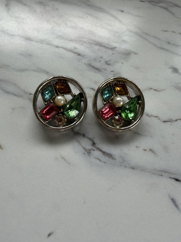 Vintage ART Signed Clip On Earrings Multicolor Rhinestone Faux Pearl Estate