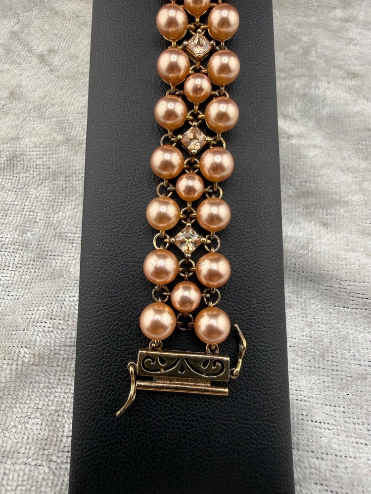 Vintage Ross Simons Bracelet Faux Pearl Rhinestone Pink 925 7.5”