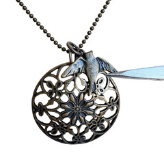Vintage Copper Bird Necklace Floral Filigree Pendant Ball Chain Boho Statement