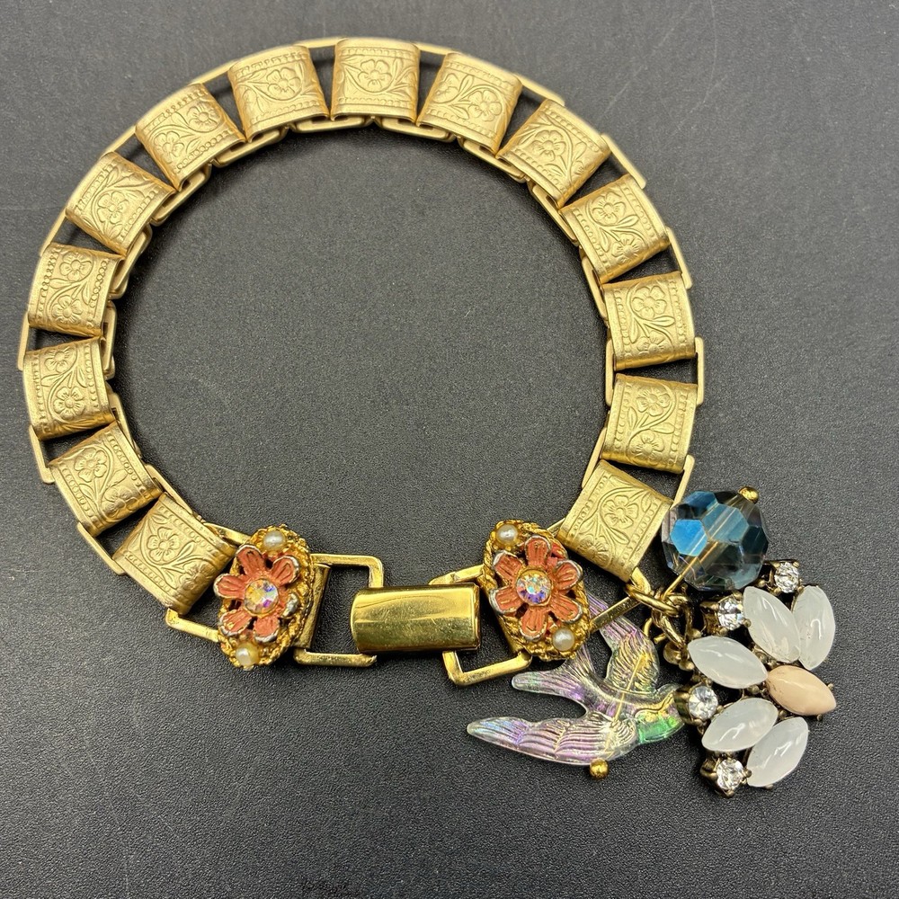 Vintage Charms & Panel Links Integrated New Victorian Book Chain Bracelet, Bird