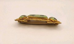 Vintage Signed Czechoslovkia Green/Black/White Snake Skin Pressed Glass Brooch
