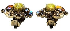 Yellow Foil Art Glass Rhinestone Earrings Autumn Colors Vintage Costume Jewelry