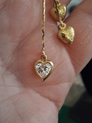 Puffy hearts & crystal bezel-set heart tassel earrings, multi chain, cascading